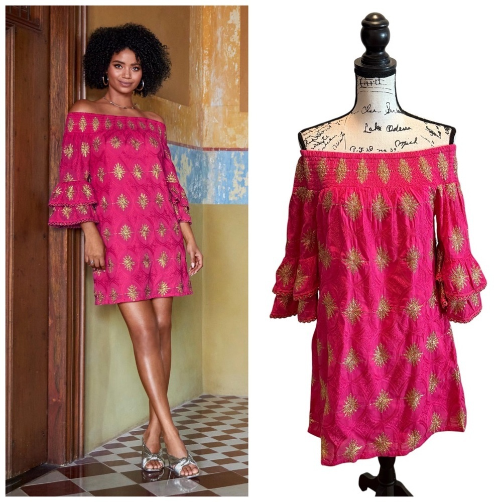 Boston Proper Metallic Detail Off The Shoulder Shift Dress Hot Pink Size Small